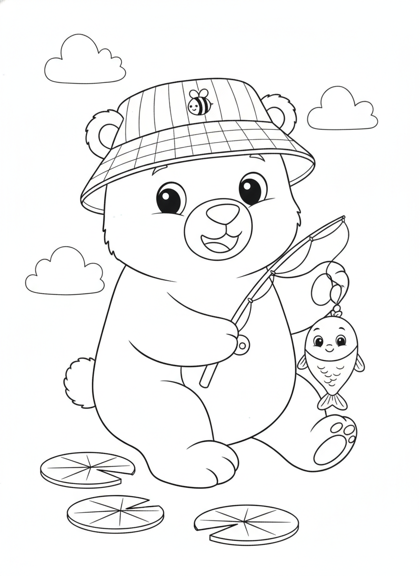 Cheerful Bear Fishing Adventure Coloring Page for Kids