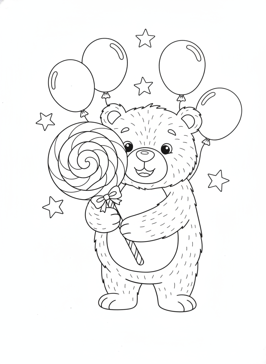 Cheerful Bear with Giant Lollipop & Festive Balloons Coloring Page