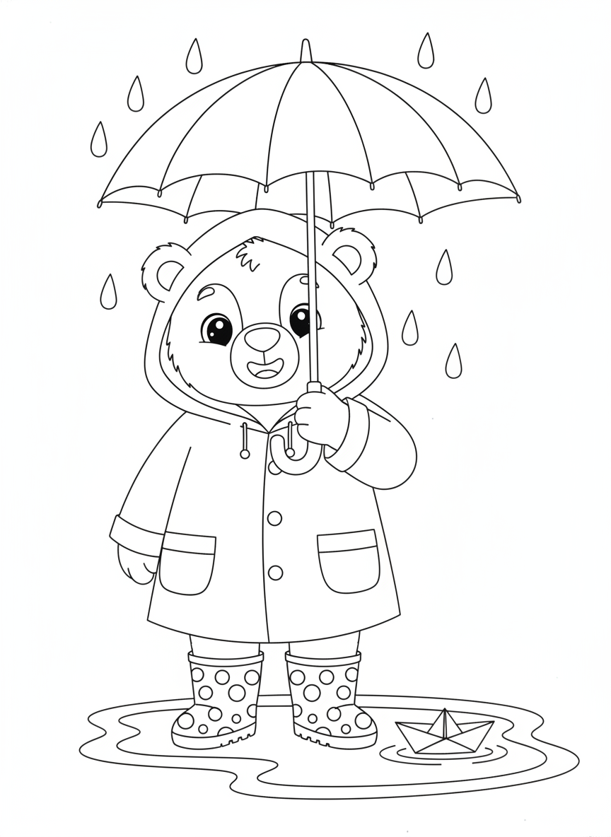 Cheerful Bear with Rainbow Umbrella Coloring Page for Kids
