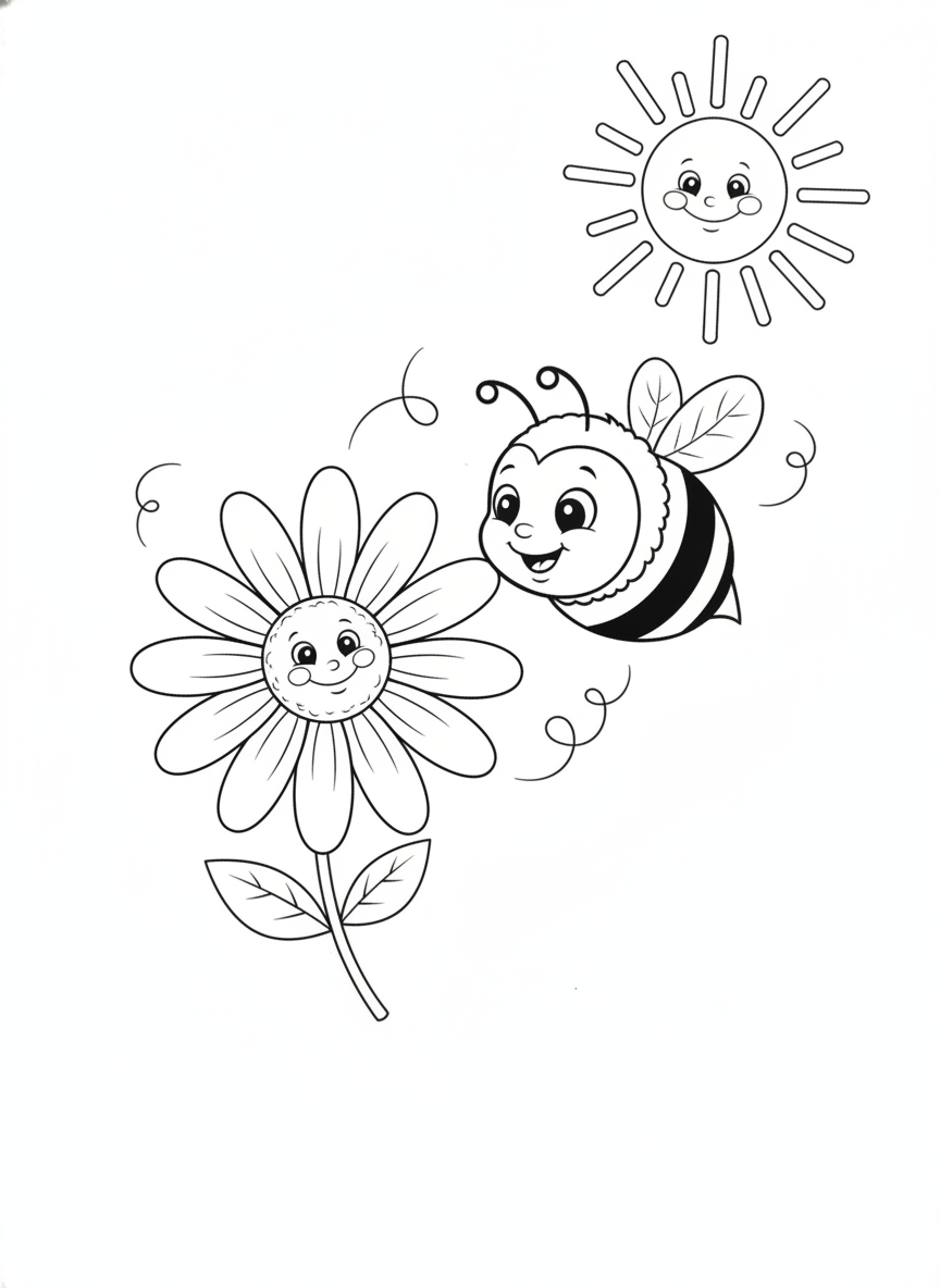 Cheerful Bumblebee & Smiling Daisy Coloring Page for Kids