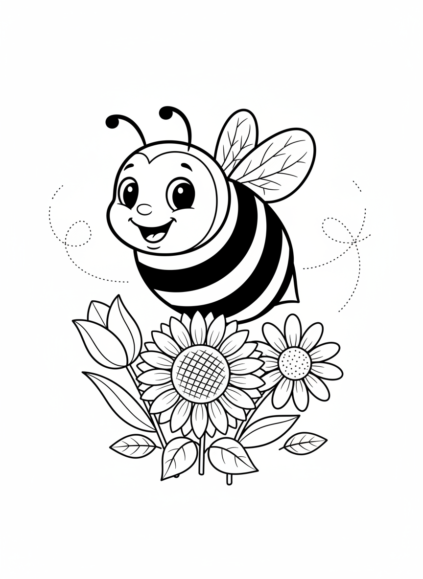 Cheerful Bumblebee with Flowers Coloring Page