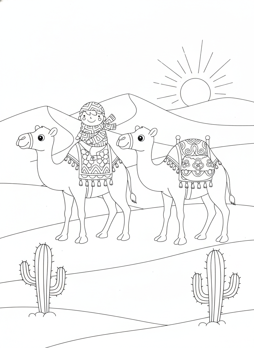 Cheerful Camel Caravan Desert Adventure Coloring Page