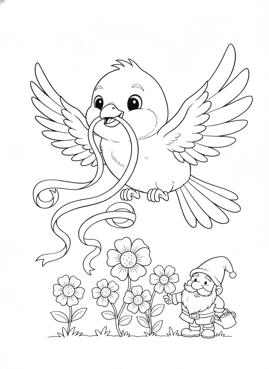 Cheerful Canary with Ribbon & Garden Gnome Coloring Page