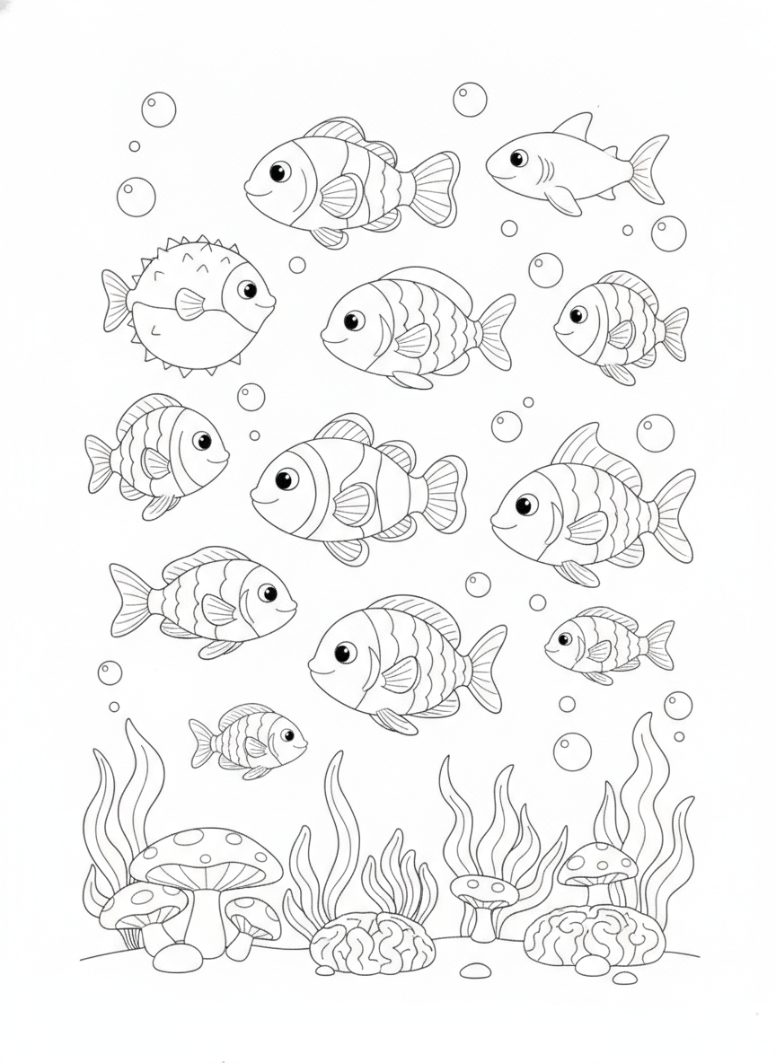 Cheerful Cartoon Fish School in Coral Reef Coloring Page for Kids
