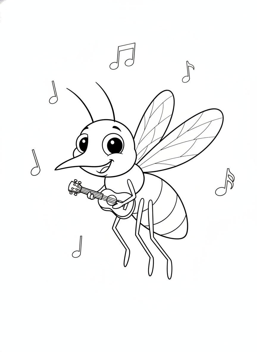 Cheerful Cartoon Mosquito Playing Ukulele Coloring Page