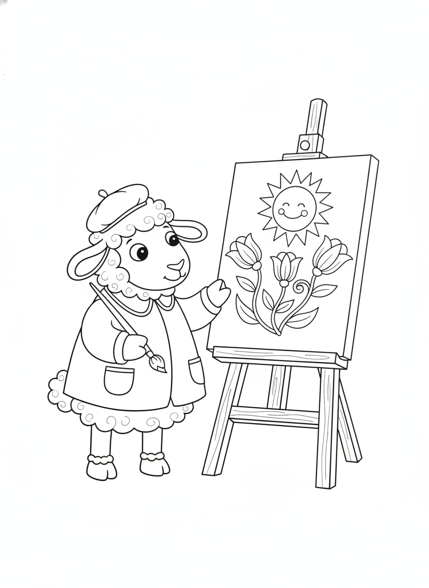 Cheerful Cartoon Sheep Artist with Easel Coloring Page for Kids
