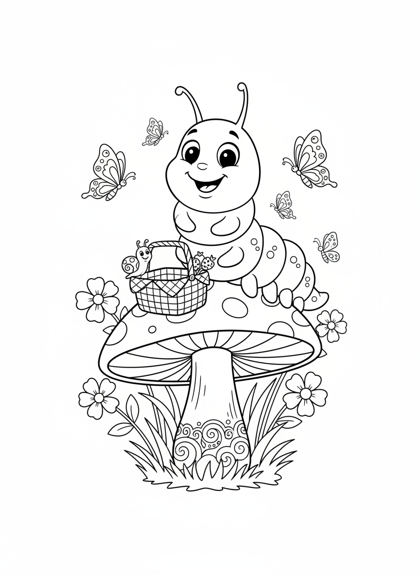 Cheerful Caterpillar Picnic Coloring Page for Kids