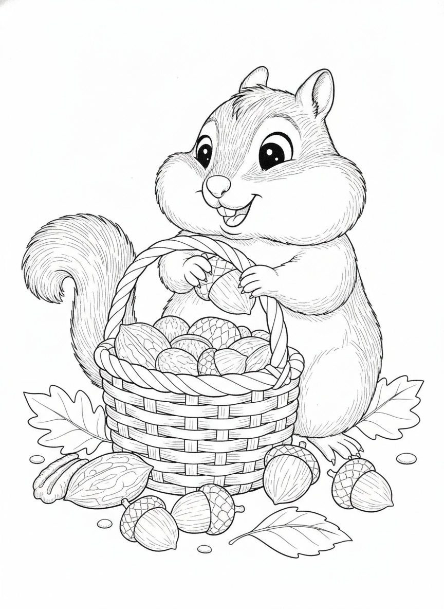 Cheerful Chipmunk Gathering Autumn Nuts Coloring Page for Kids