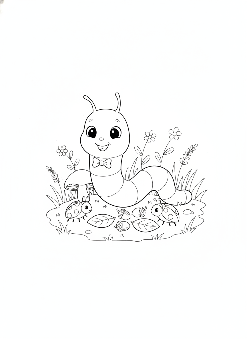 Cheerful Earthworm Picnic: A Cute Coloring Adventure with Ladybugs