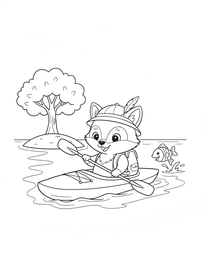 Cheerful Fox Cub Kayak Adventure: A Fun Coloring Page for Kids