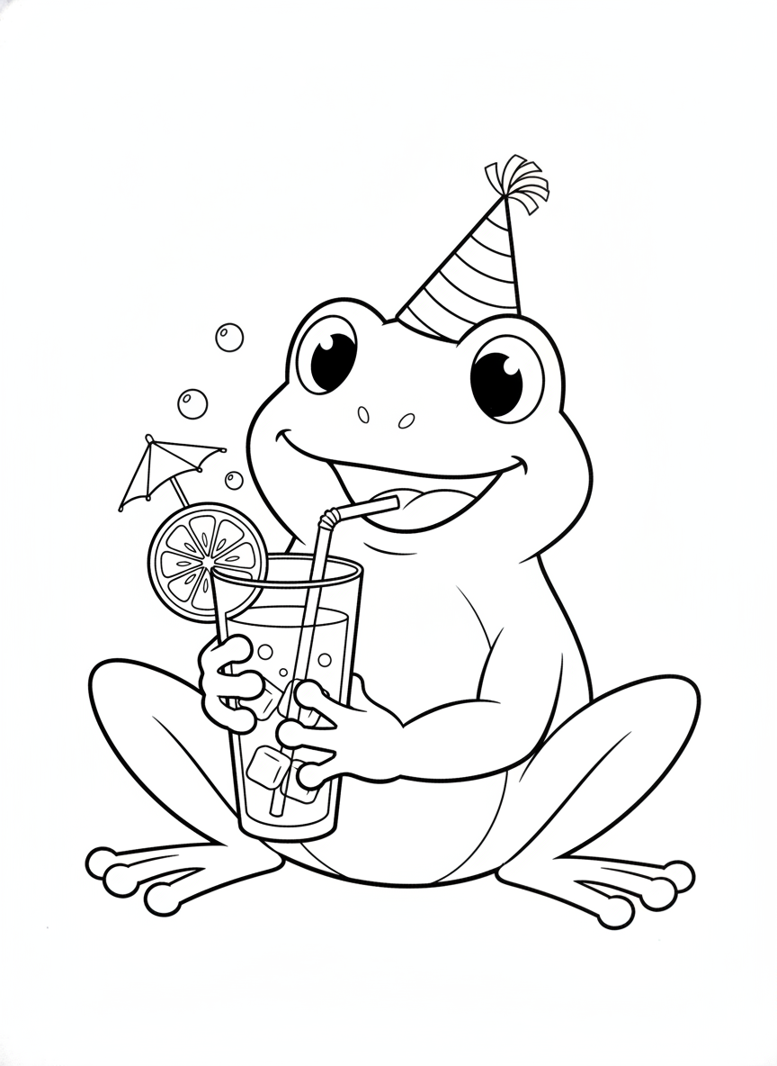 Cheerful Frog Sipping a Drink Coloring Page for Kids