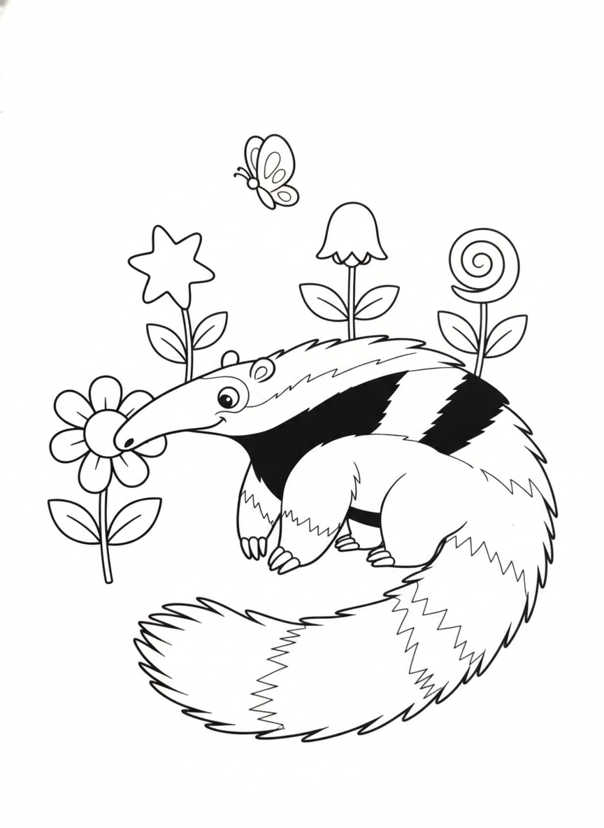 Cheerful Giant Anteater in a Flower Garden Coloring Page for Kids