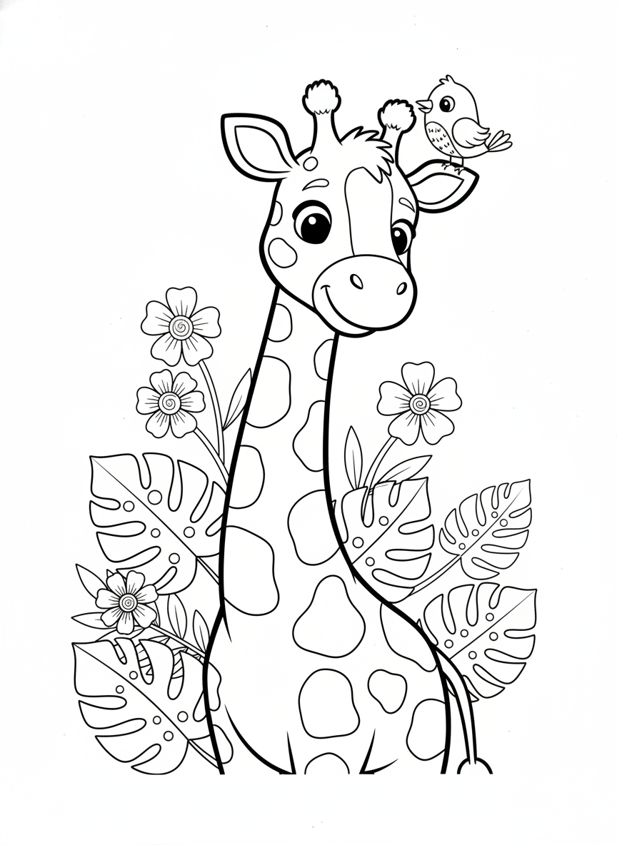 Cheerful Giraffe Coloring Page for Kids with Jungle Friends