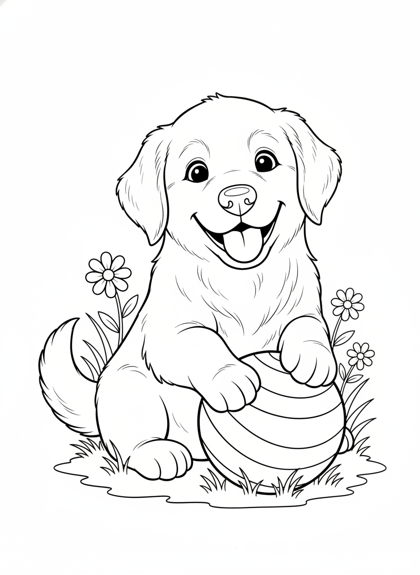 Cheerful Golden Retriever Puppy: Kids' Playful Coloring Page