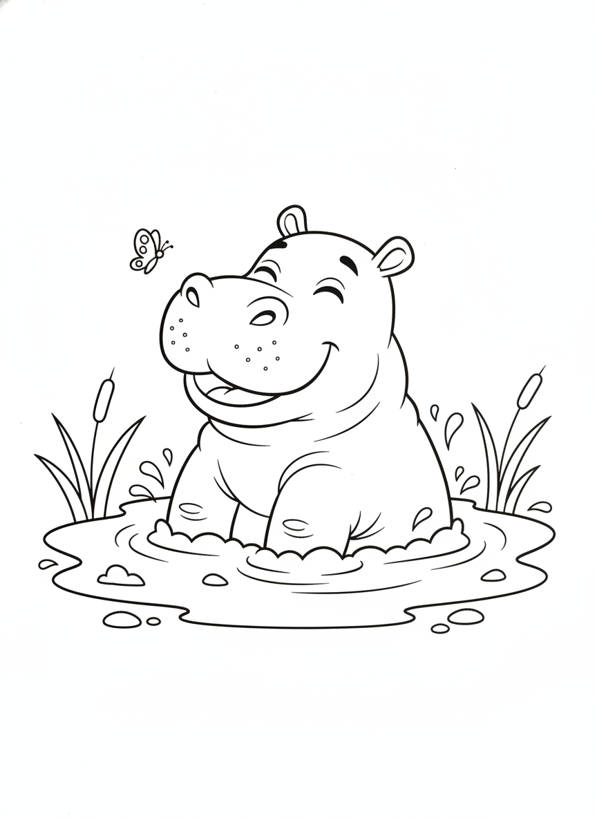 Cheerful Hippo Mud Puddle Fun Coloring Page for Kids