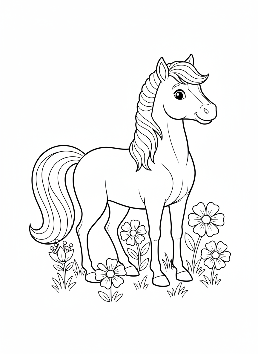 Cheerful Horse Coloring Page for Kids with Whimsical Flowers