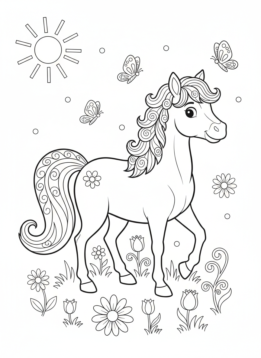 Cheerful Horse in a Meadow Coloring Page for Kids