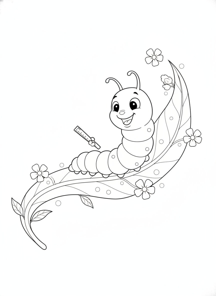Cheerful Inchworm Caterpillar Measuring Leaf Coloring Page for Kids