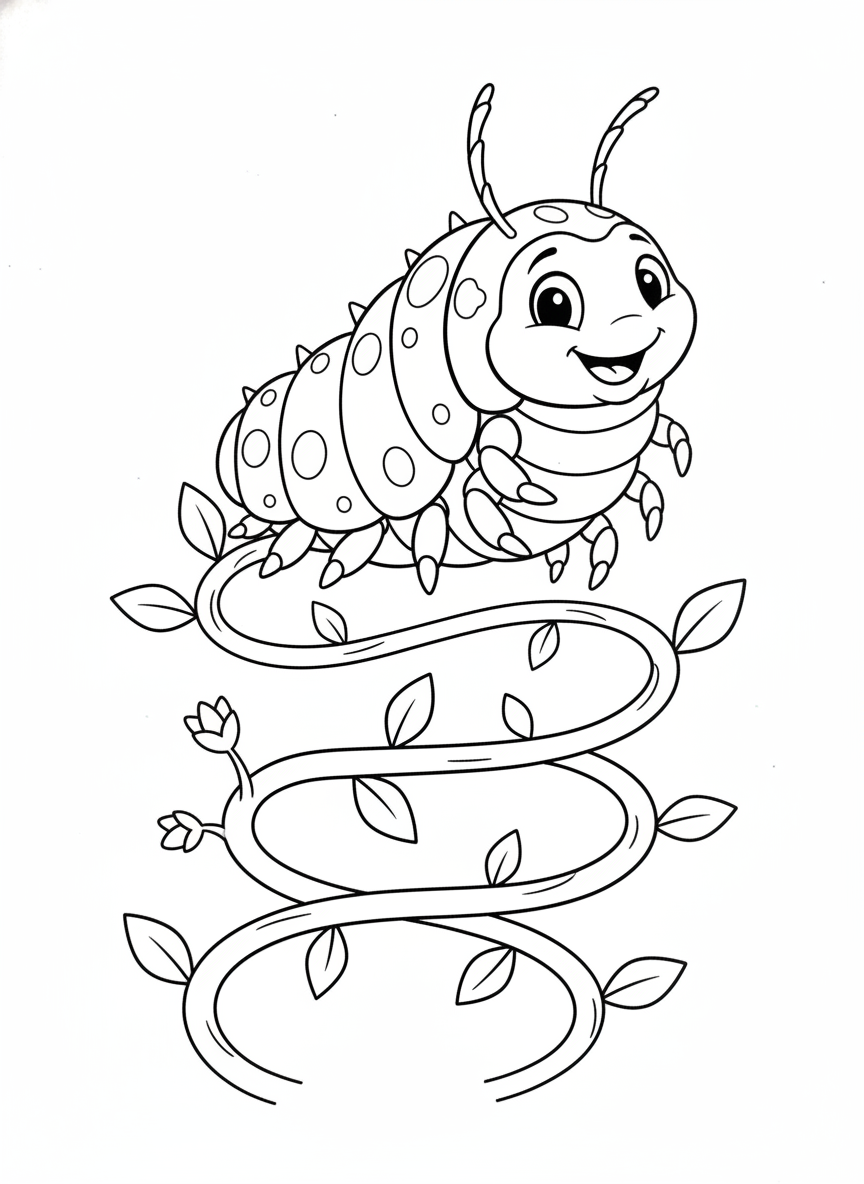Cheerful Ladybug Larva on Winding Vines Coloring Page