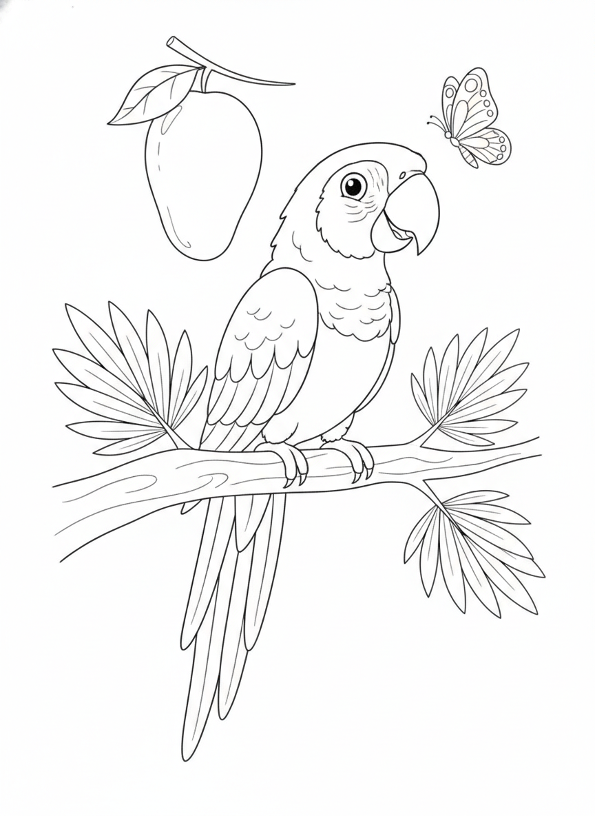 Cheerful Military Macaw on a Branch with Tropical Fruit Coloring Page