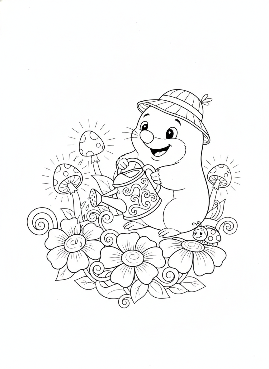 Cheerful Mole Gardening Coloring Page for Kids