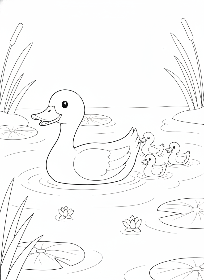Cheerful Mother Duck and Ducklings Pond Swim Coloring Page