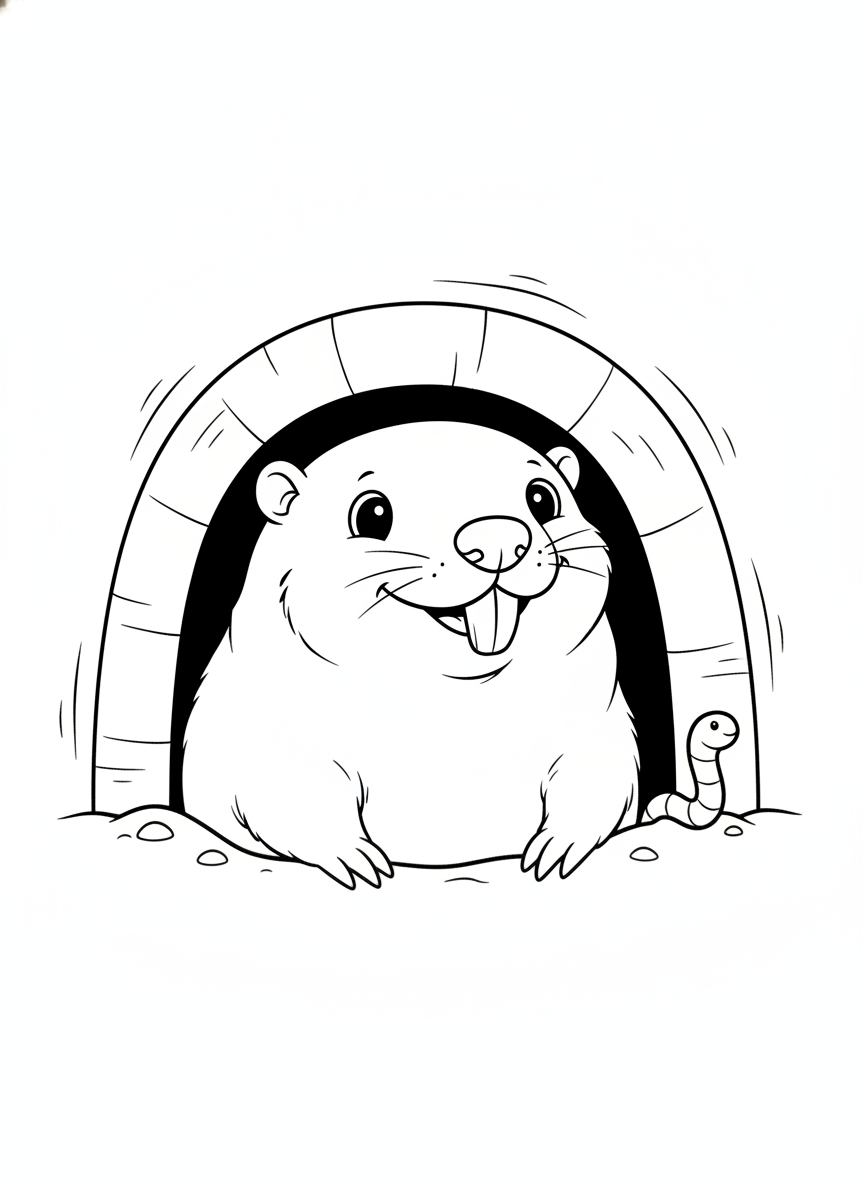 Cheerful Naked Mole-Rat & Earthworm Coloring Page for Kids