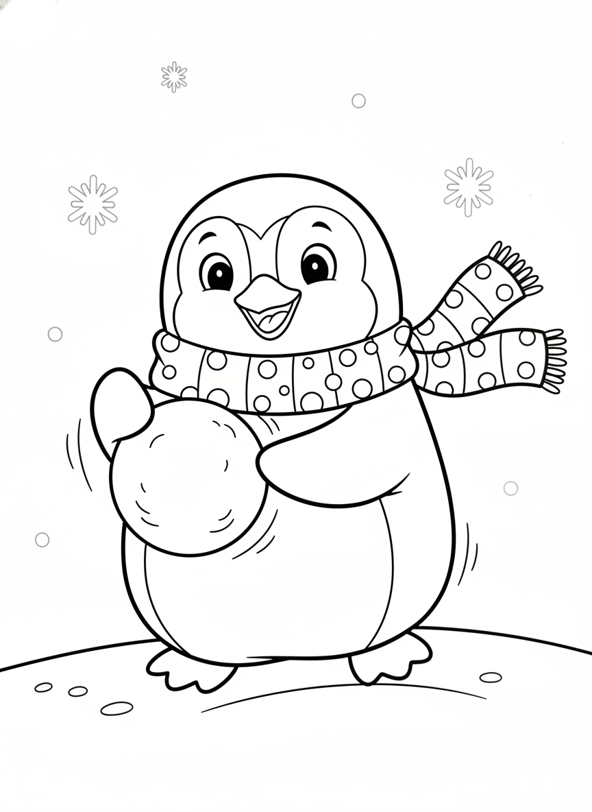 雪地玩耍的快樂企鵝著色頁（兒童適用）