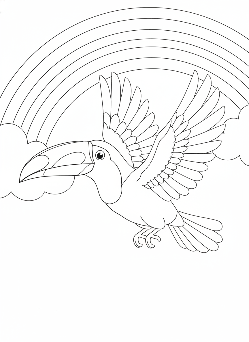 Cheerful Rainbow Toucan in Flight Coloring Page for Kids