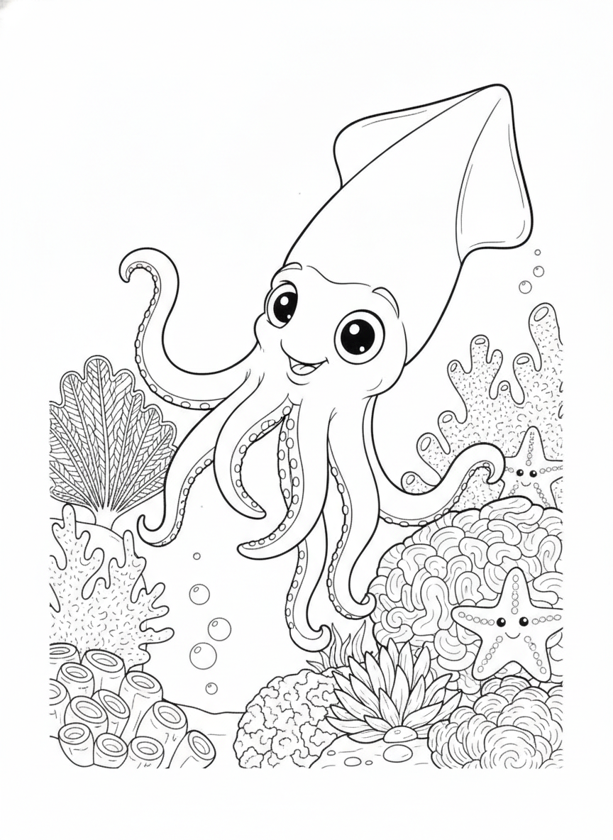 Cheerful Squid Exploring a Vibrant Coral Reef Coloring Page