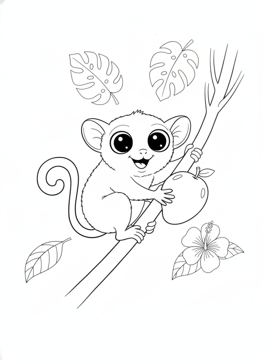 Cheerful Tarsier with Tropical Fruit Coloring Page