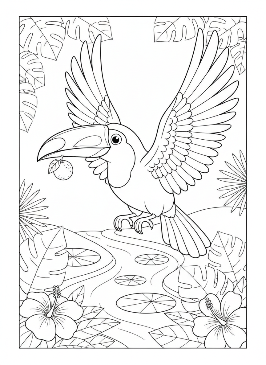 Cheerful Toucan Flying with Tropical Fruit - Kids Coloring Page
