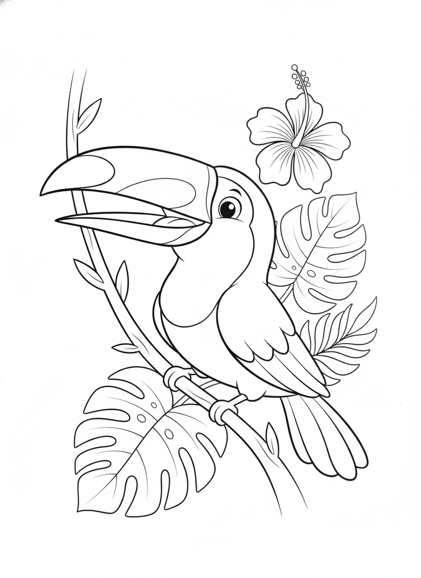 Cheerful Toucan Swinging on a Jungle Vine Coloring Page