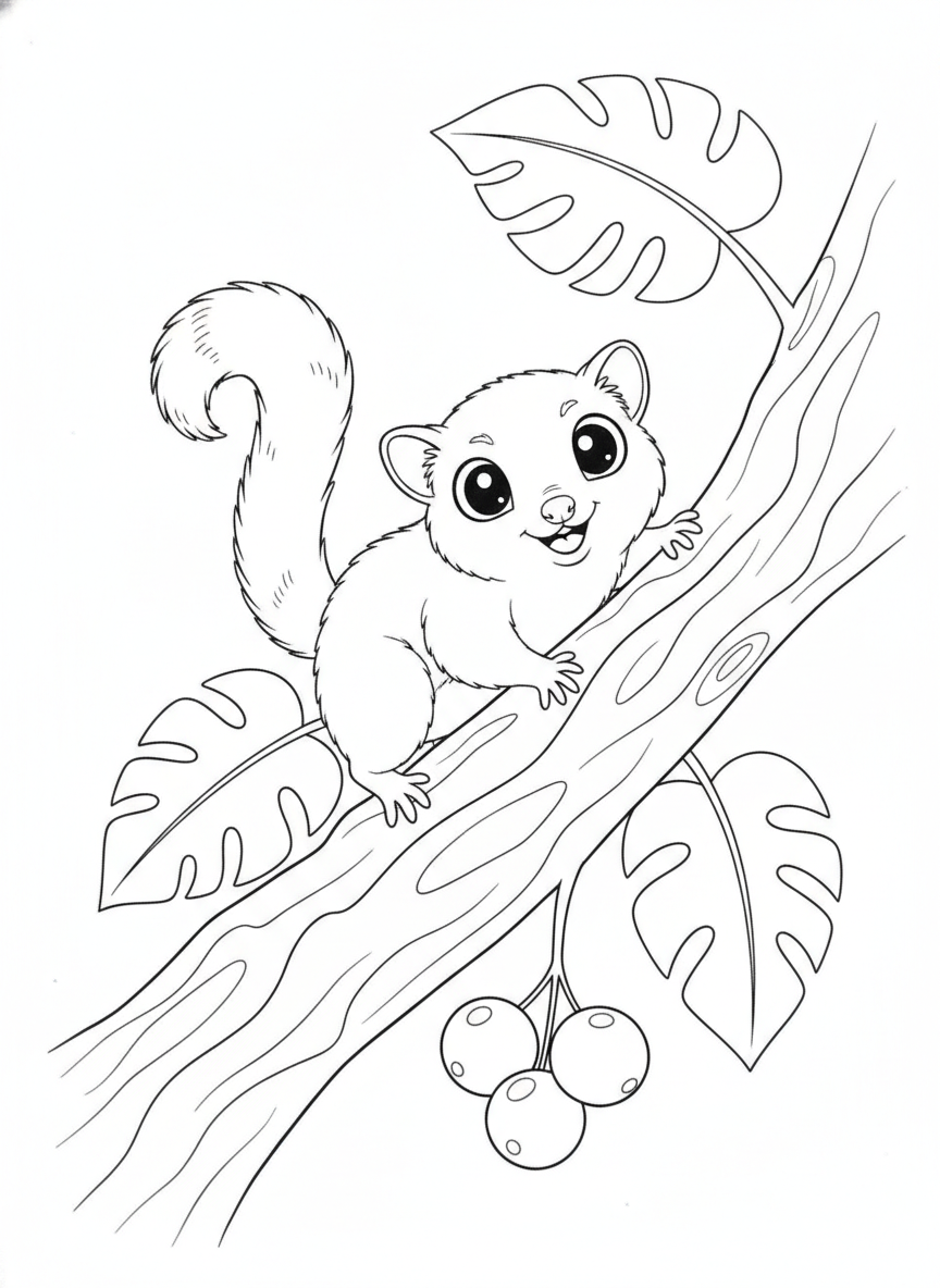 Cheerful Tree Shrew Climbing on a Branch Coloring Page