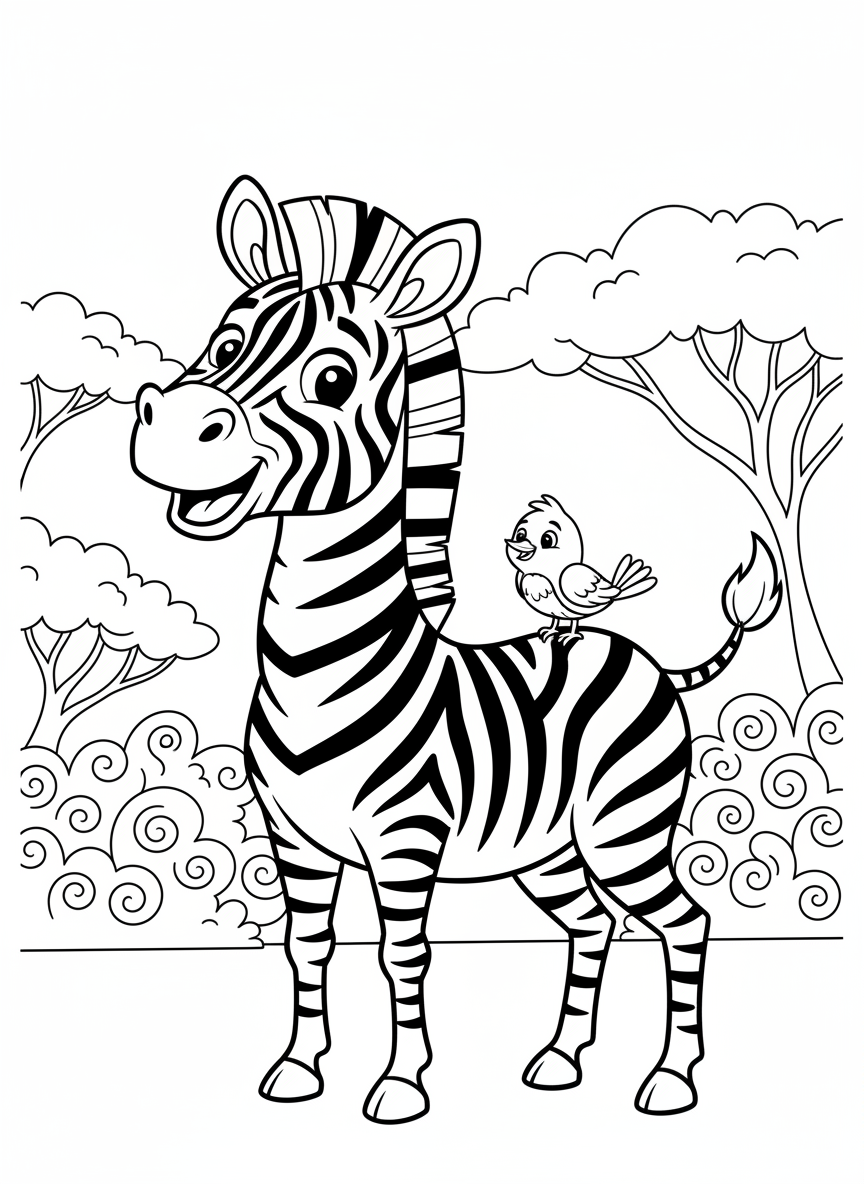 Cheerful Zebra & Friendly Bird: A Fun Savanna Coloring Page for Kids