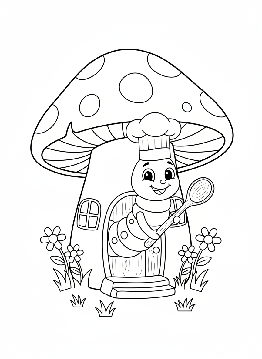 Chef Caterpillar in Mushroom House Coloring Page