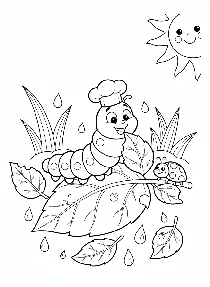 Chef Caterpillar's Leaf Feast Coloring Page