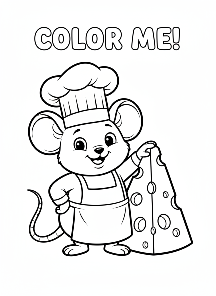 Chef Mouse with Giant Cheese Coloring Page