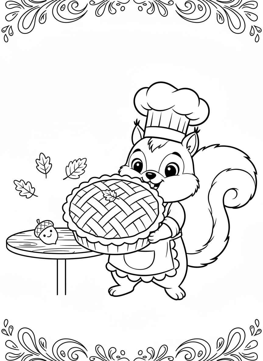 Chef Squirrel's Pumpkin Pie Coloring Page