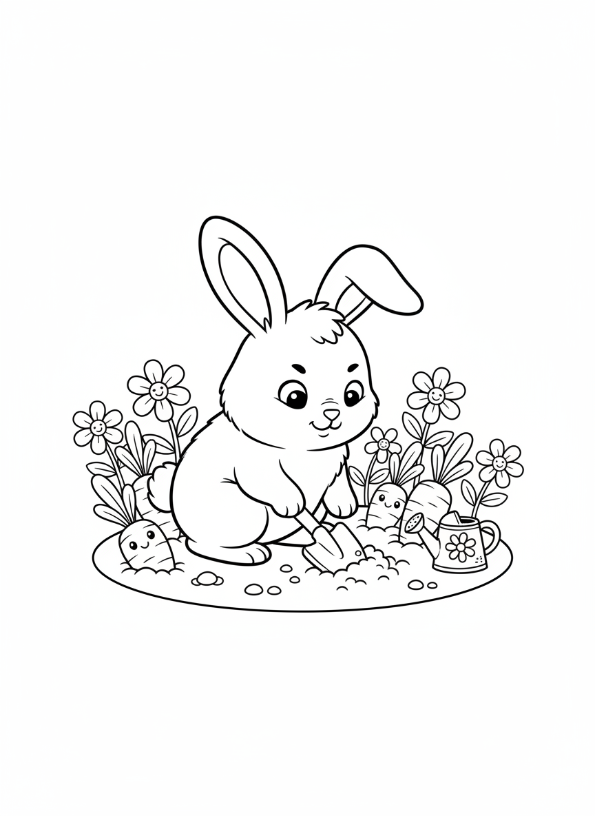 Chubby Bunny Gardener Coloring Page