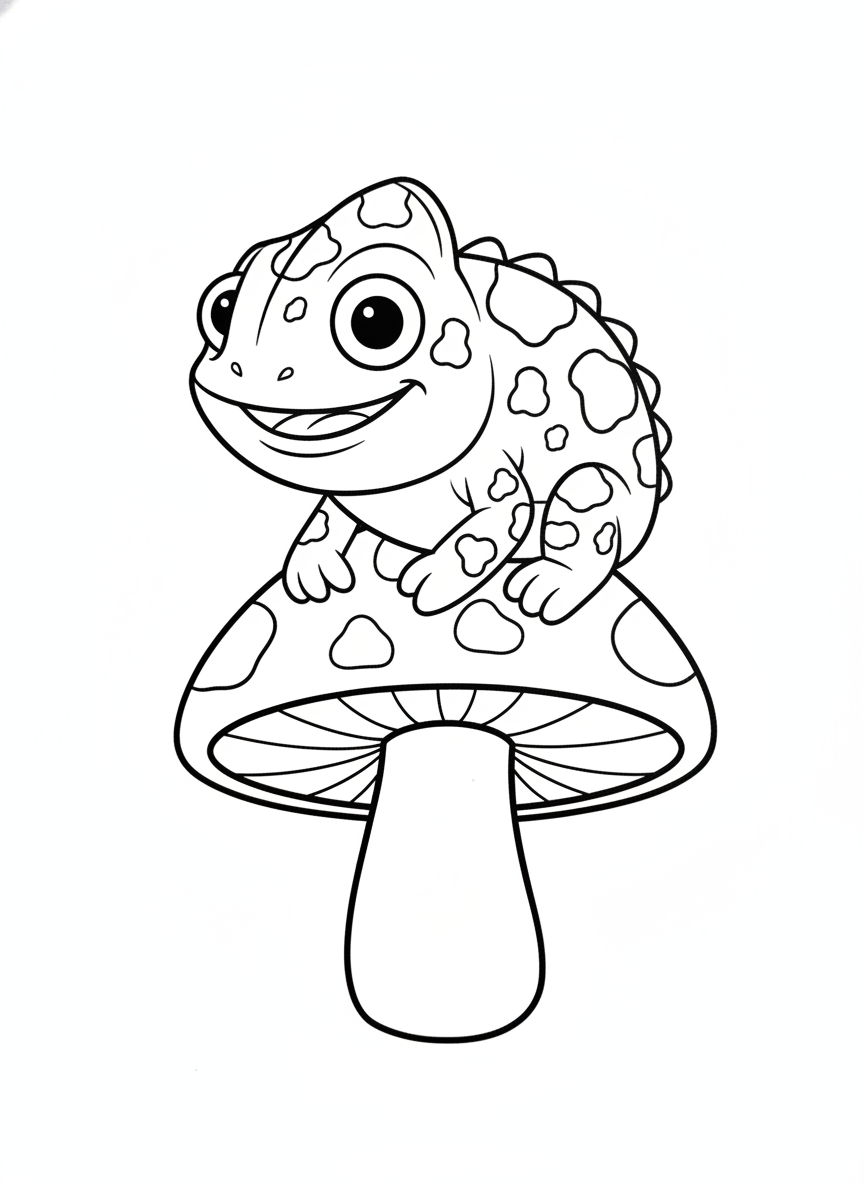 Chubby Chameleon on Mushroom: Easy Coloring Page for Kids