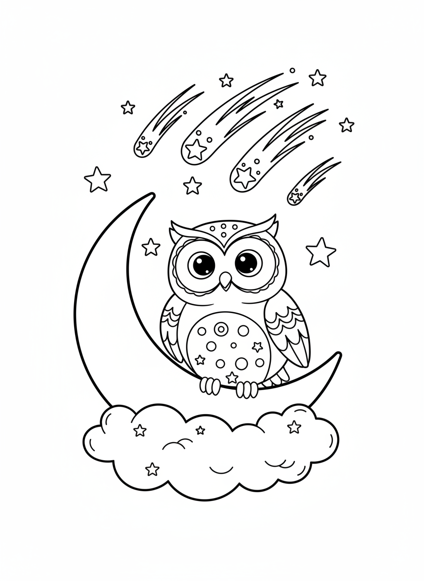 Chubby Owl on Moon with Meteor Shower