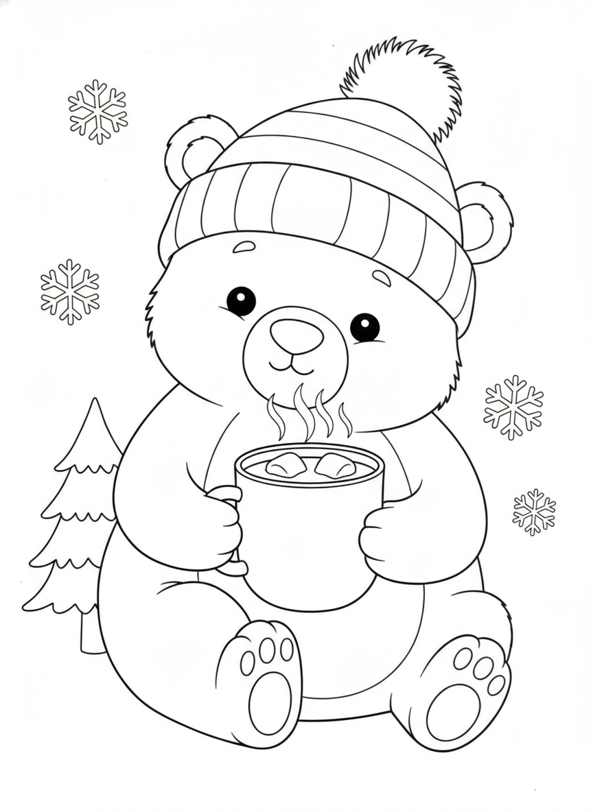 Cozy Bear Cub with Hot Cocoa: A Winter Wonderland Coloring Page for Kids