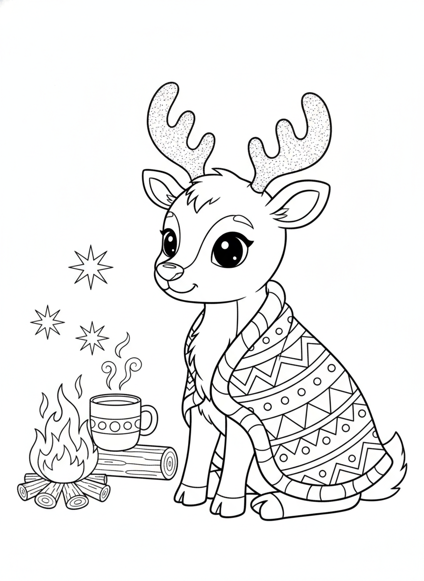 Cozy Campfire Reindeer Coloring Page for Kids