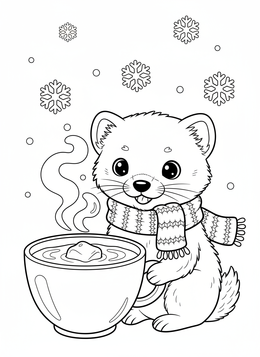 Cozy Pine Marten with Hot Chocolate Coloring Page