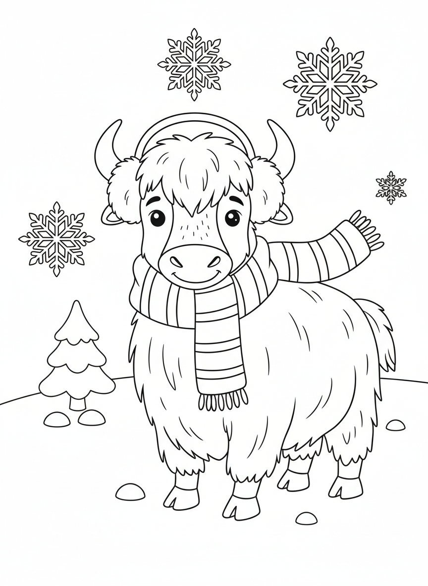 Cozy Yak in Snowy Wonderland Coloring Page