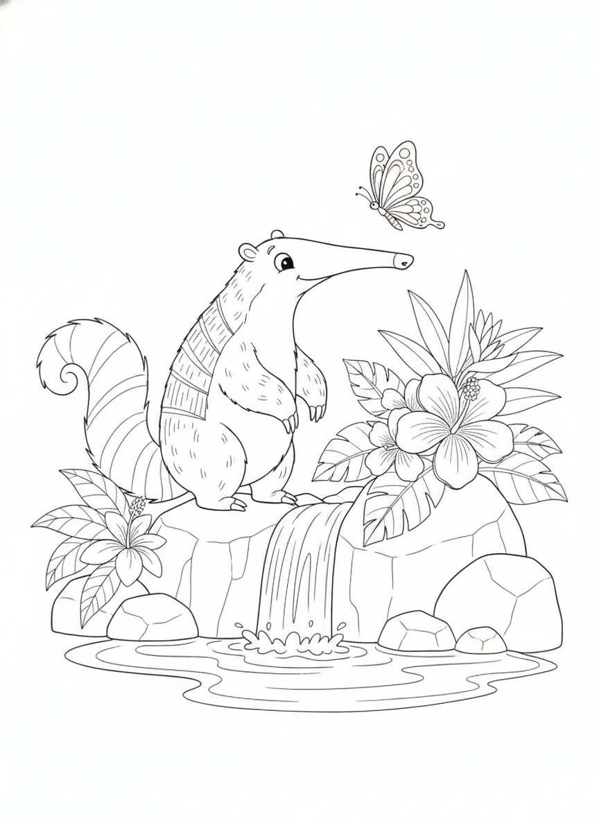 Curious Anteater by Waterfall Coloring Page for Kids