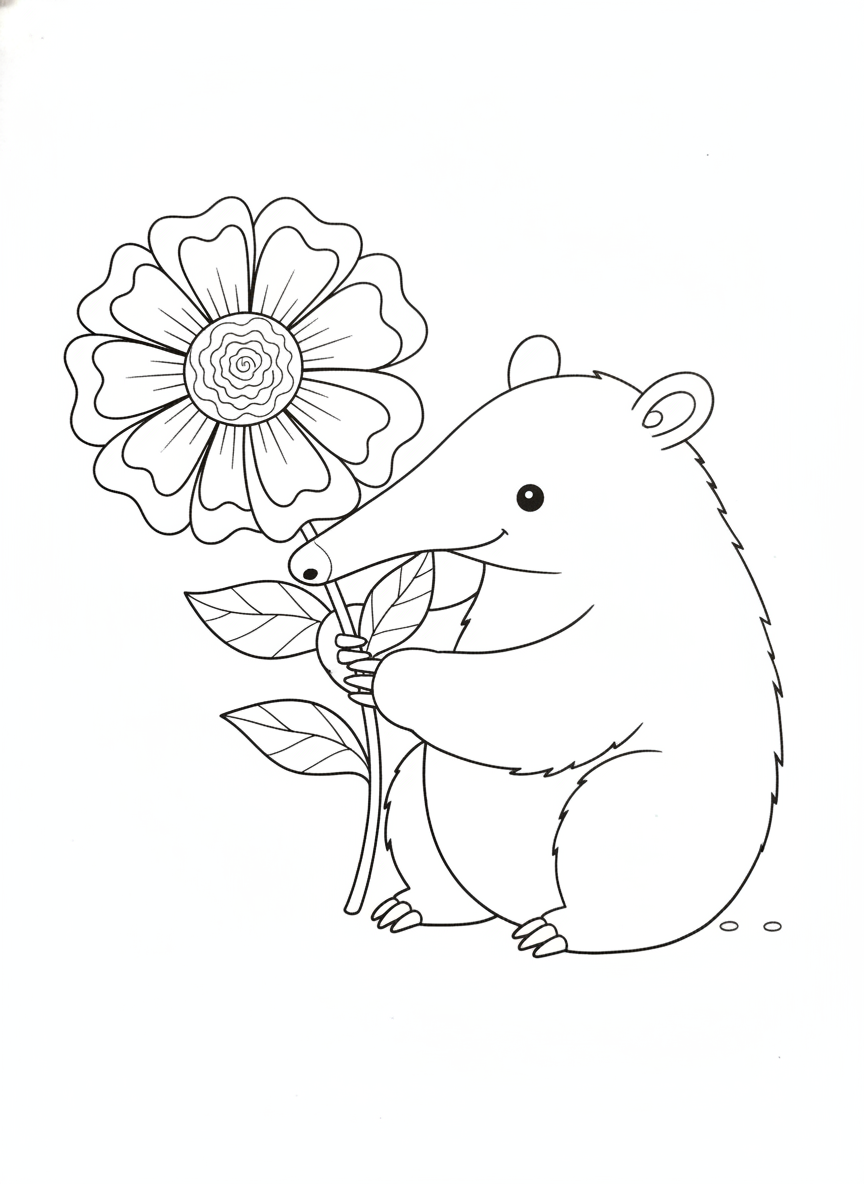 Curious Baby Anteater with Whimsical Flower Coloring Page