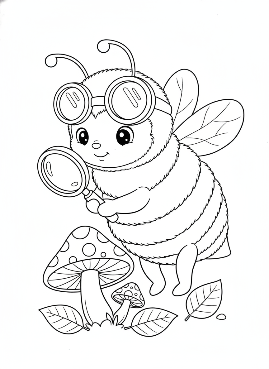 Curious Bumblebee Exploring a Mushroom Coloring Page
