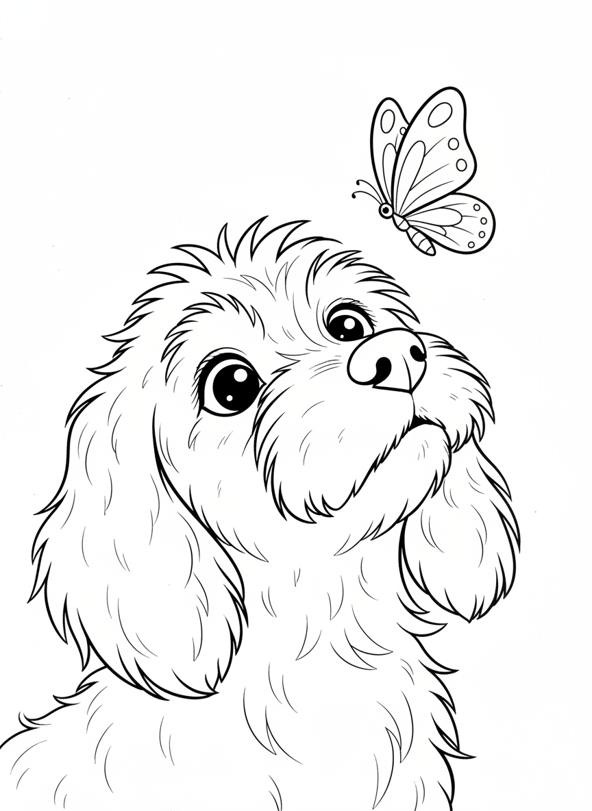 Curious Dog & Butterfly Coloring Page